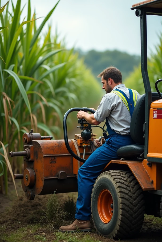 An agronomist with blue canvas pants and a white shirt with reflective stripe, operating a sugar cane harvester