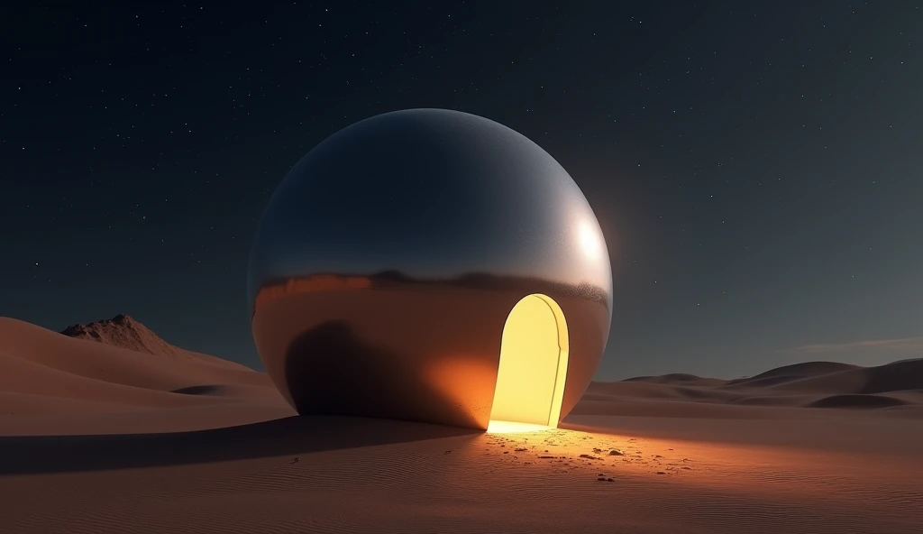 a massive mirror smooth sphere rest on the desert floor at night. a small oval door is open near the bottom, spilling light onto the sand photo realistic