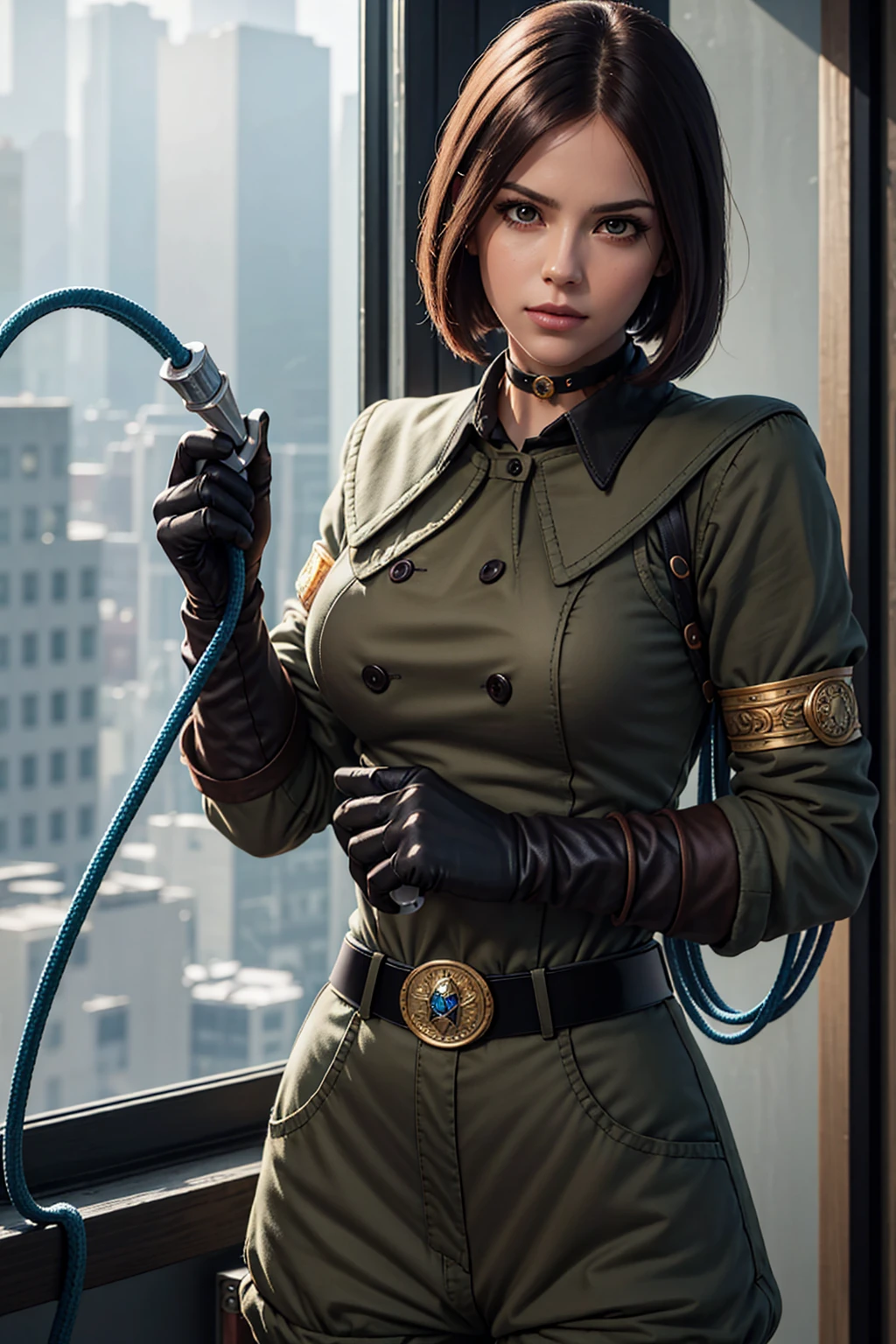Whipms, gloves, uniform, military, military uniform, belt, choker, pants, holding a blue whip, half body, semi-realistic, 8k, high RESOLUTION, MASTERPIECE, perfect body, beautiful face, solo