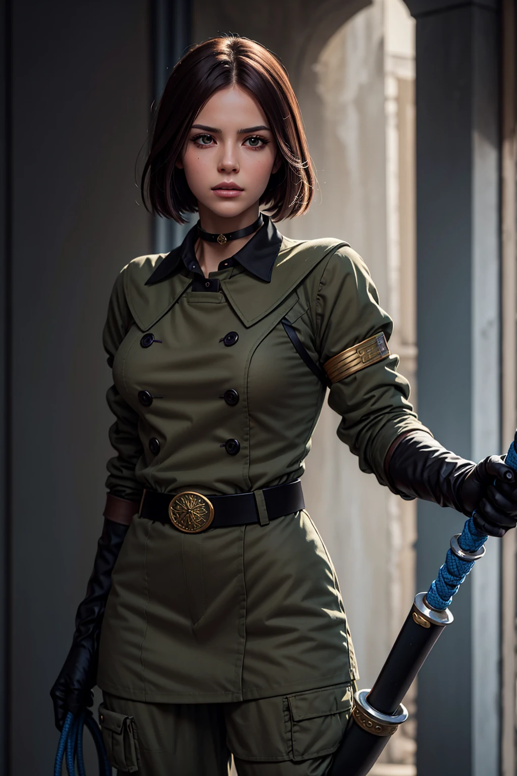 Whipms, gloves, uniform, military, military uniform, belt, choker, pants, holding a blue whip, half body, semi-realistic, 8k, high RESOLUTION, MASTERPIECE, perfect body, beautiful face, solo