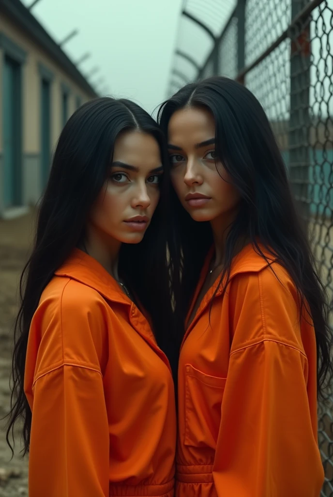 A beautiful Instagram model, long black hair , at prison shower , beautiful make up , orange prison jumpsuit, full body view, in cage, two girls , sitting