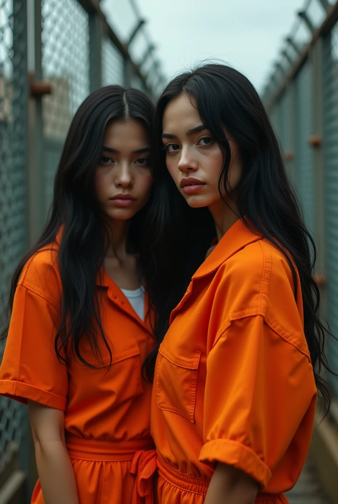 beautiful Instagram model, (long black hair:1.2), with her friend, orange prison jumpsuit, prison yard, realistic, photorealistic, 4k, high quality, detailed, dramatic lighting, cinematic, fashion photography, editorial, dramatic pose, looking at camera, offener jumpsuit, große boobs
