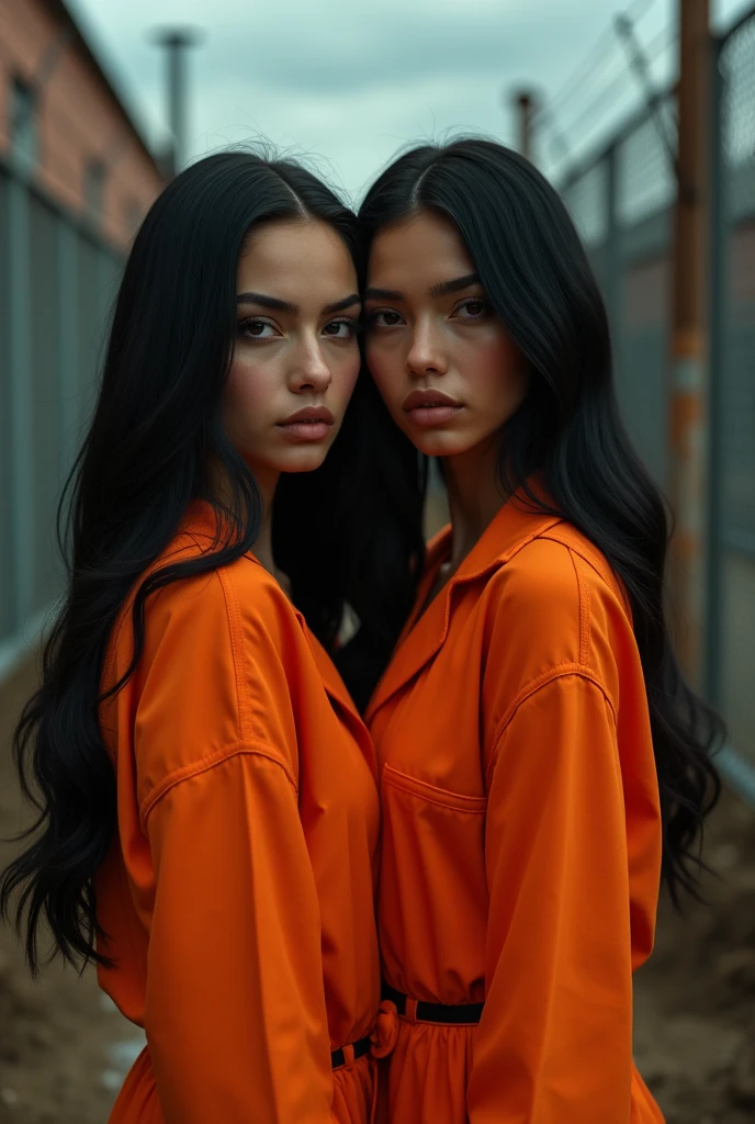 beautiful Instagram model, (long black hair:1.2), with her friend, orange prison jumpsuit, prison yard, realistic, photorealistic, 4k, high quality, detailed, dramatic lighting, cinematic, fashion photography, editorial, dramatic pose, looking at camera