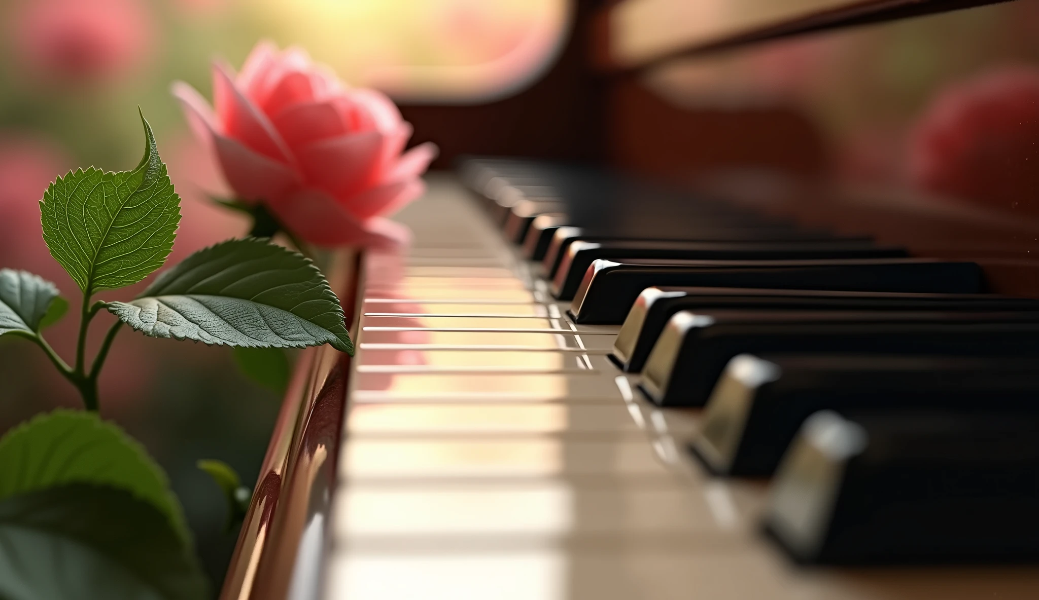 (photorealism:1.2),piano keys in focus, with rose leafs, romantic