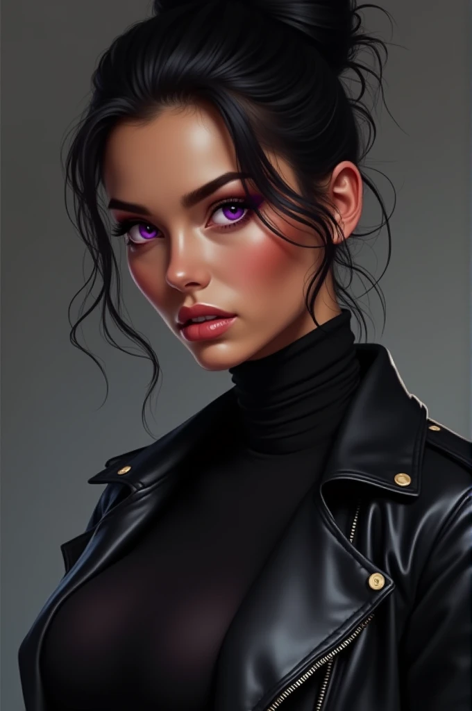 Digital art , Tan skinned woman, portrait close up slight side way ,black turtle neck with leather jacket, black colour hair bun , large breast size, purple eyes with a mysterious look