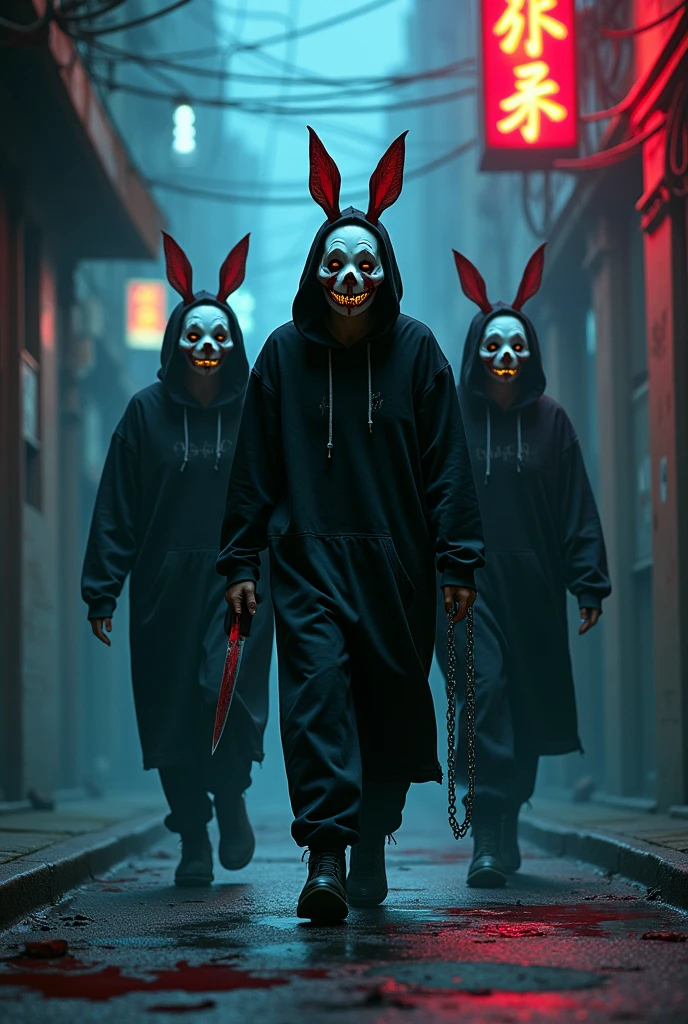 lizoldBS_soul3142, 1 male and 2 females, different furry White bloody rabbit mask with creepy smile and yellow bloody teeth, completely Black torn hoodie, standing in the city street at night, neon lights in the background, steampunk, dystopia, ethereal, detailed, masterpiece, best quality, dramatic lighting, full body, torn Black pants, blood stains, walking to camera, holding ritual knife in the right hand, massacre in the background, chains in left hand, horror
