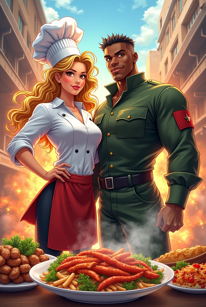 Create a logo for my restaurant where a blonde curly-haired woman with brown eyes appears, who is the chef, next to a black-skinned soldier, where both are surrounded by a lot of food., Everywhere there is an explosion of food. I need it to be creative, urban type and anime style
