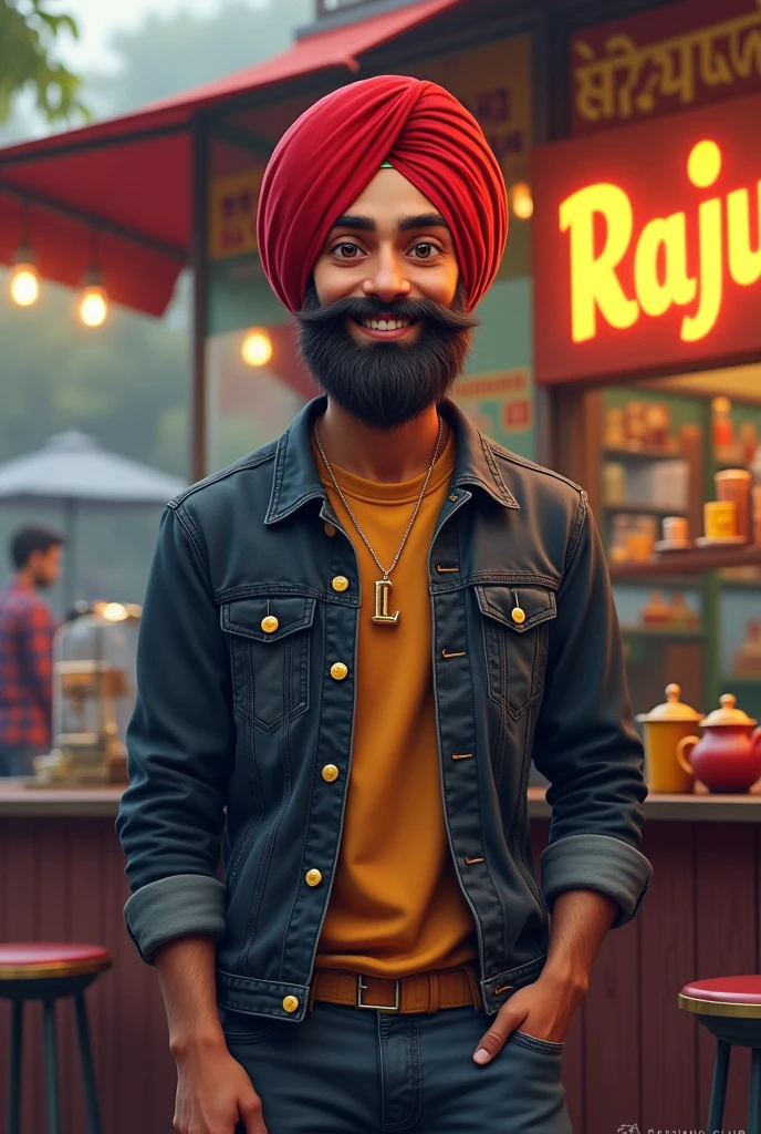 A 16  years punjabi young modern ager 
 REALISTIC ,slow beard  ,wear a red turban,at the tea stall punjab  and on writing bold name is"RAJU" , YELLOW SHOES ,DENIM BLACK JACKET ,FACE HIGH DETAILS,NECK IN "L" WORD LOCKET , BACKGROUND IN WRITE"CHANDIGARH CLUB , BACKGROUND COLOURFULL,SLOW SMILE, ATTRACTIVE SMILE,