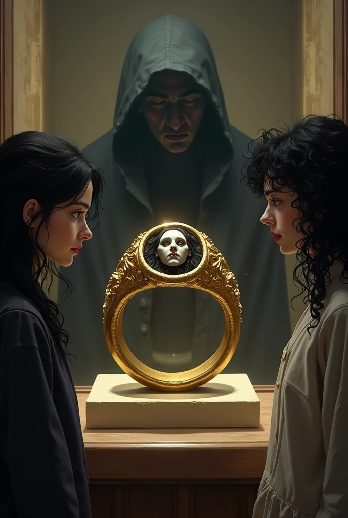 Gold ring (In its center a stone inside the stone a young, hairless male face in Roman style)
The ring is on a shelf in a museum. Two girls with black hair are watching it. One has more pronounced curls than the other. Behind one of the girls there is a macabre shadow..
 The face inside the stone ring More sinister