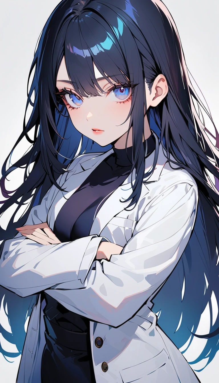 1woman, solo, black hair, middle part, long hair, gray eyes, droopy eyes, detailed eyes, eyelashes, light lips, 25years old, crossed arms, wear white lab coat, Black turtleneck, Navy blue pencil long skirt ,cowboy shot