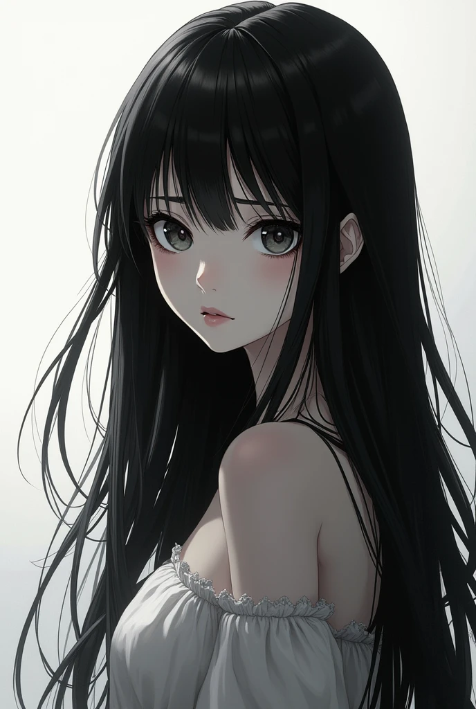  long black hair girl anime style 2d to black and white