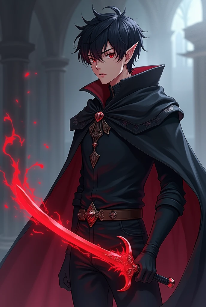 Generate an anime-style character with shadow powers, Youngh, naughty man, wears a cape and a dagger with a red aura, dark eyes, has a physique with shape, He has , and he is Half-Elf, Human Elf, with small elf ears, with red highlights in her hair, male character, with a male medieval clothing style, He has o poder das sombras( show this), he can summon shadows(show this), shadow, blackquality hair