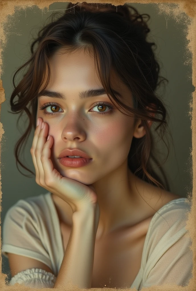 Close up of a young woman's face, Posing on a piece of paper with hand under chin, realistic old photographgraph, realistic old photograph, grainy damOutdated photos, On old paper, Outdated photos, old photograph, damOutdated photos, very old photograph, old photograph, Post-Grunge Portrait, Inspired by Anna Füssli, old photographgraphy, Looks like Ebru Sahin, Restore.Cabaret Club、Entertainment