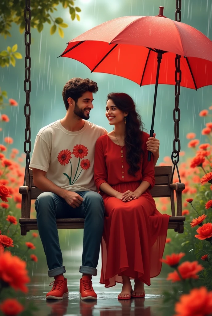 Slowly slowly rain with Ali and waniya with red flowers garden couple sitdown in a chain swing Ali plug in a umbrella and Ali red flowers design t shirt  and waniya dress in a red frock and couple smiling faces with boy clean shave and couple shoes color is red and umbrella color is red in prompts 