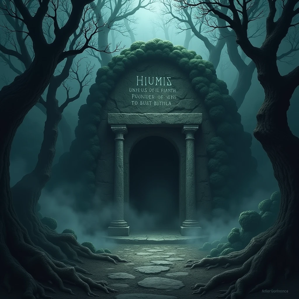 The entrance to an old, ghostly cave deep in the forest. The inscription on the front reads: 'Here lives the King of Demons'. Mist all around and tree branches cast shadows in the darkness.