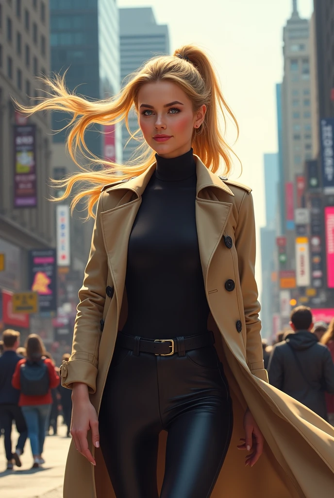 Woman with ponytail blonde hair in trench coat in public