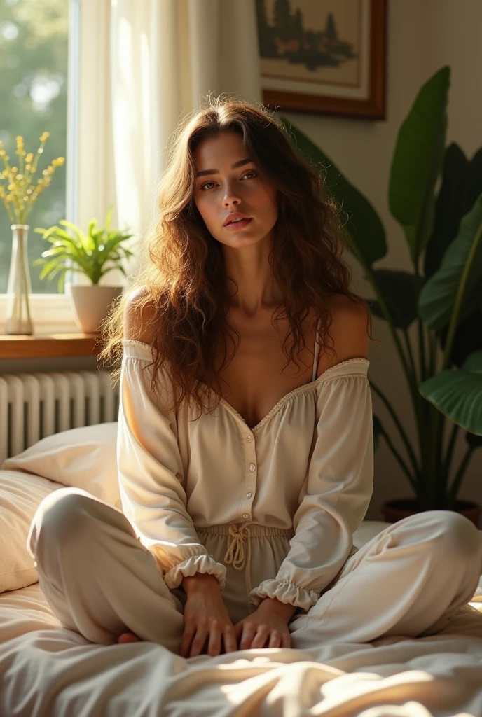 (photorealism:1.2), beautiful woman, sitting on bed, wearing loose off-shoulder top, pajama pants, long curly hair, indoors, soft lighting, plants in background, window with sunlight, cozy room, relaxed pose, realistic, intricate details, warm colors, by Greg Rutkowski, by Alphonse Mucha