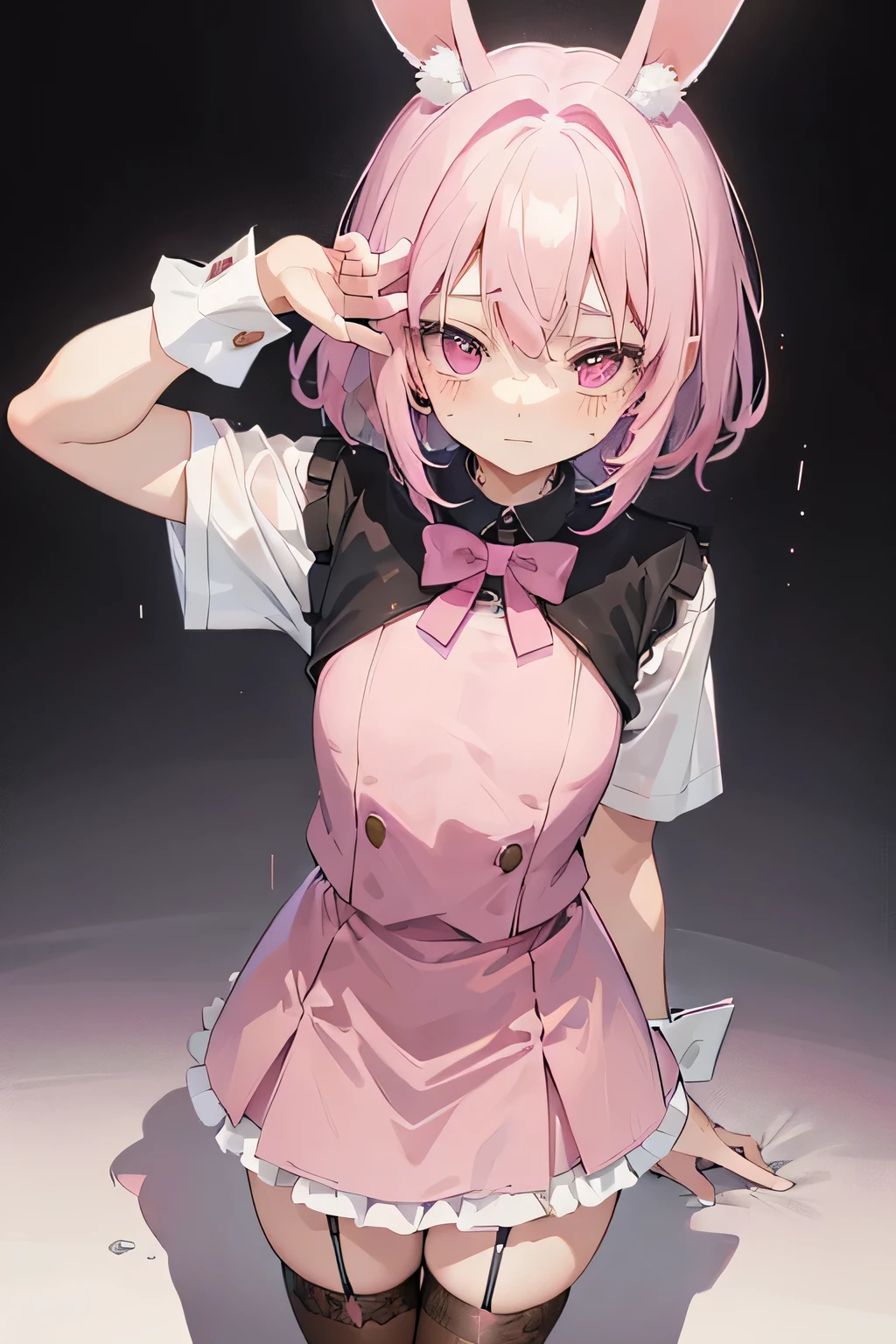 Young, small, lewd, kinky, yet shy, hard blushing submissive, pink and soft aesthetic, babycore, pastel goth, AI anime girl, rabbit ears, short and pink lingerie skirt, stockings, garters, fishnets. Older, dominant, dark and edgy, tall, muscular man cuddling and touching her. 1girl, 1guy.