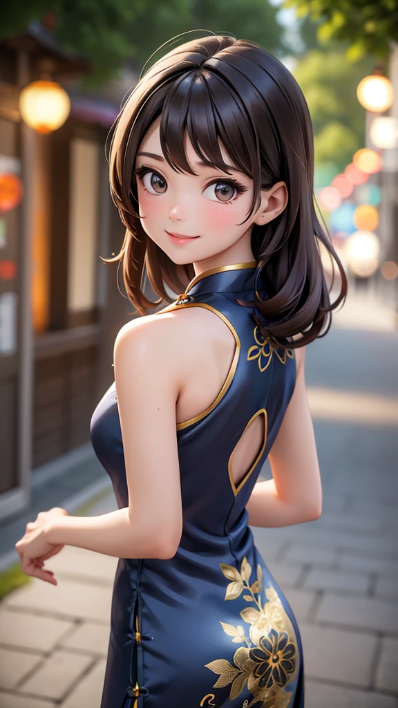 Girl mid hair Brown hair brown eyes Blue matching Smile confidently Correct limbs, black cheongsam, outdoor path background, back turned, looking over her shoulder