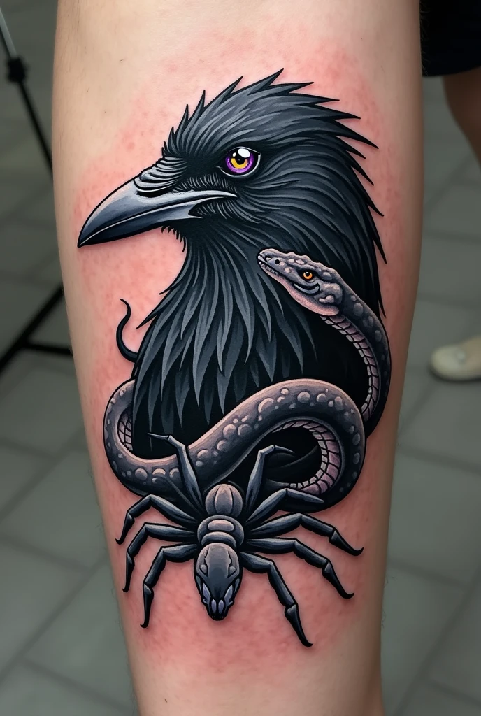 tattoo a crow, a snake and tarantula, Black with grey details, Heterochromatic gray eyes with purple half, without details and they look good together
