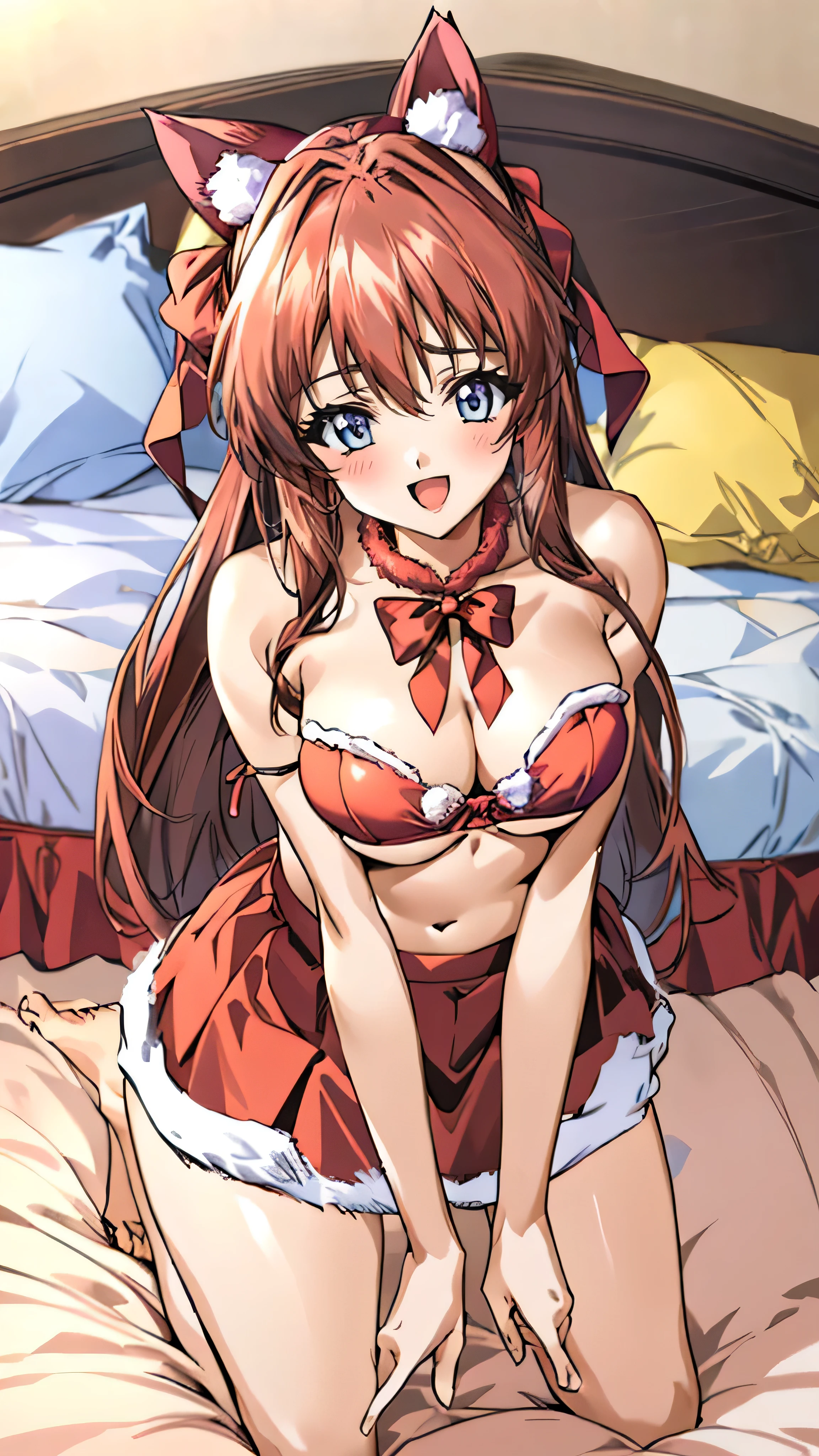 (Anime artwork, Anime Style, Studio Anime, Very detailed, up to date, Vibrant, Anime Coloring Book, High Contrast, masterpiece:1.2, Highest quality, Best aesthetics), (Beautiful and detailed:1.2), Aoikan, (1girl:1.3), hair ribbon, blush, (red bandeau top bra, fur-trimmed skirt, underboob, fake_animal_ears,cat:1.1, santa costume, red skirt), (((bed room:1.1))), Cute Smile Open your mouth On the bed,((Kneeling pose:1.4)), Pink Good, From above, No pants,Two Arms,(Accurate fingertips, Browse 4, Thumb 1),wink,barefoot,