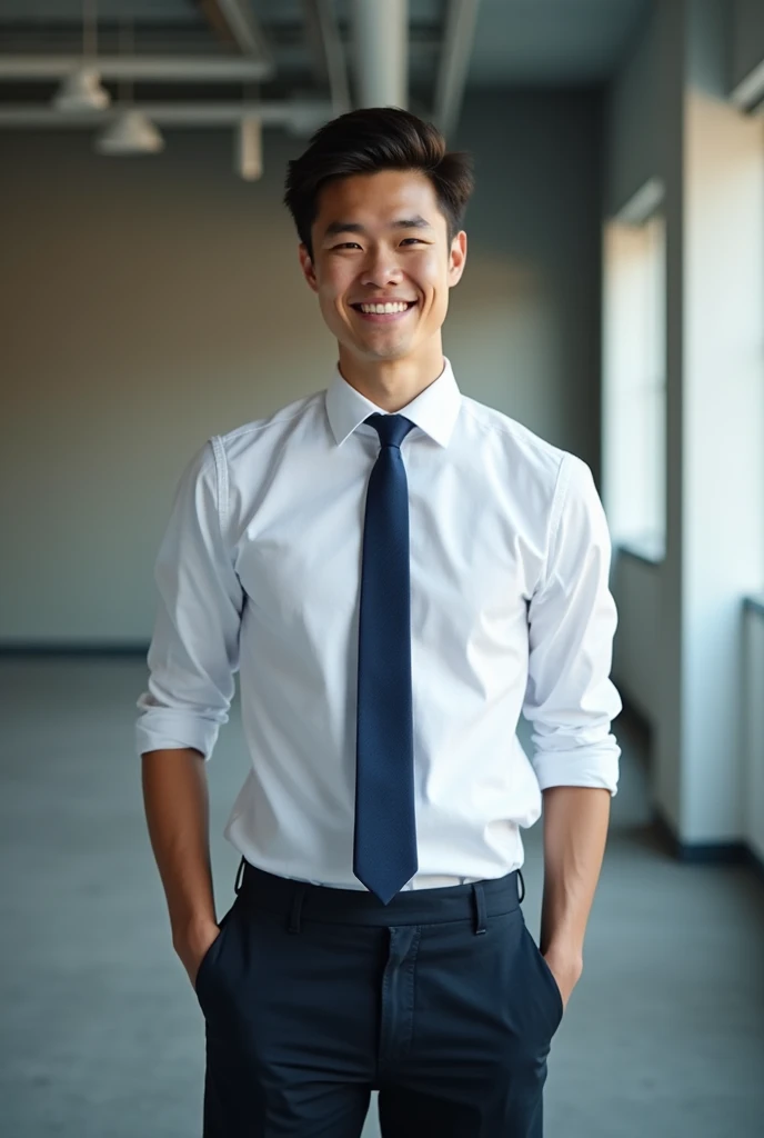 Boy in his 20s, an electrical engineering intern, smiling and wearing formal clothing