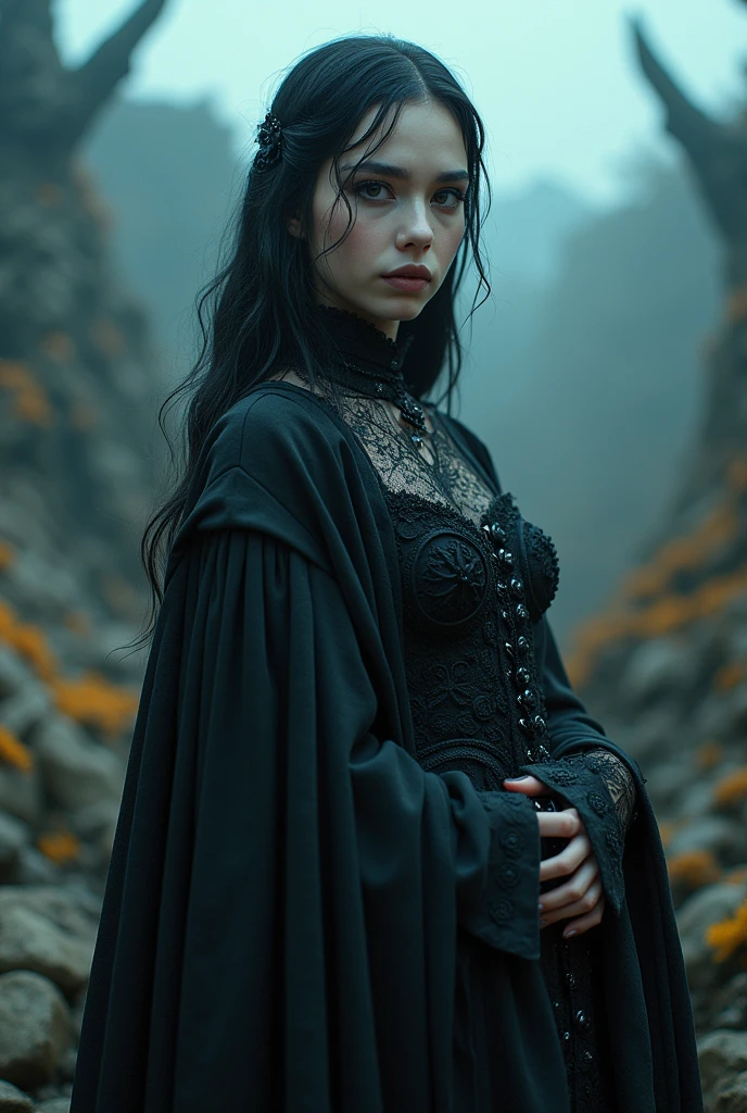 (best qualityer,32 mil,High definition,4x ,ultra sharp, high resolution, proffesional) ,cinematographic, horor, Fisheye photography:1.6,1 beautiful gothic girl, witch, demonic, medieval clothes, black, circles, fractals,(black outline art), colors, land, Cyan, yellow, Unripe. magenta, violet, Cyan, High definition