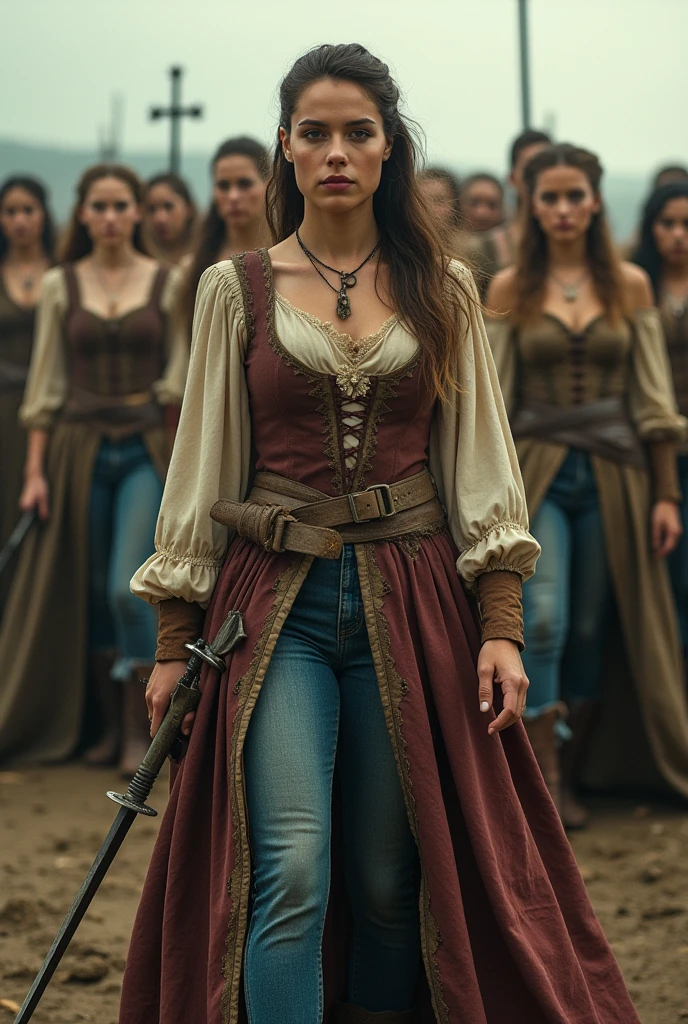 a post apocalyptic scene for a Shakespearean drama related of a kingdom going through war and vengeance,  wearing modern but also vintage gowns looking modest yet as an army,  as in war fightin, wearing rugged gowns and looking like in war in shakespeare era but also with modern touch like hunger games not only women but women in a warzone and the dress hsould have a modern touch like them wearing jeans underneath sean and dirt also with weapons