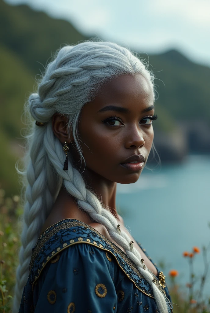 a beautiful black-skinned female mage with braided hair, blond hair, intricate detailed face and eyes, elegant posture, wearing an ornate magical robe, beautiful detailed hands holding a glowing magical staff, outdoor fantasy landscape with mountains and forests, dramatic lighting, cinematic composition, digital art, highly detailed, photorealistic