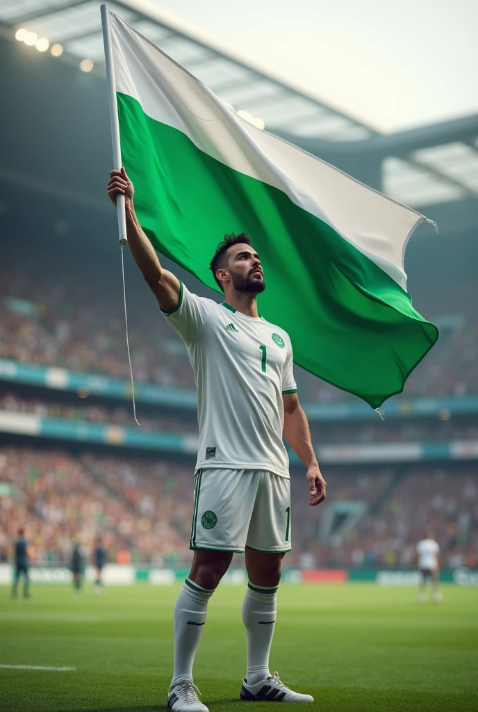 Man in sportswear holding a white and green soccer flag