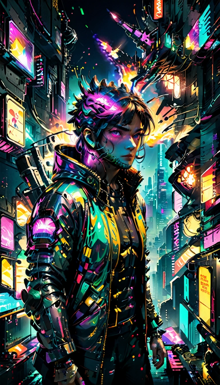 (best quality, head of&#39;artwork, colored, Angle dynamique, The most detailed), (8k, photo realistic),
cyberpunk style, couleurs triadiques, cyberpunk frame, cyberpunk city, ville miniature,
Colossal Godzilla shooting fire into the sky, 
gigantic, accents de néon, metallic, cybernetics, Yeux robotiques, foudre, at the top of the city, metallic spikes,
la nuit,  ColorART (en anglais)