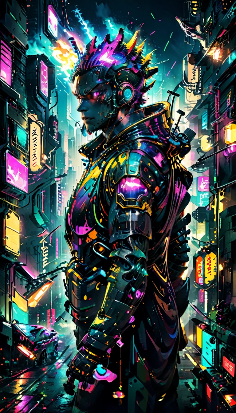 (best quality, head of&#39;artwork, colored, Angle dynamique, The most detailed), (8k, photo realistic),
cyberpunk style, couleurs triadiques, cyberpunk frame, cyberpunk city, ville miniature,
Colossal Godzilla shooting fire into the sky, 
gigantic, accents de néon, metallic, cybernetics, Yeux robotiques, foudre, at the top of the city, metallic spikes,
la nuit,  ColorART (en anglais)