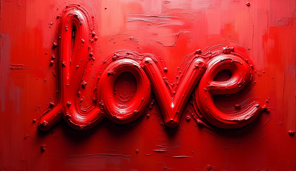 The inscription love with an acrylic brush. Otrhany text, visible layers of paint . Color red 