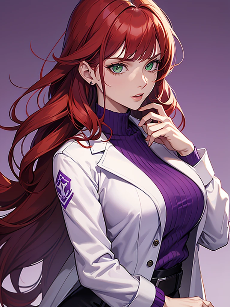 green eyes, red hair with long bangs, noble. sadistic women, wavy long hair. strong woman. purple outfit. she quiet. wear purple t shirt and white jacket. background in labolatory. she is a scientist. dominant woman. mafia. mature woman
