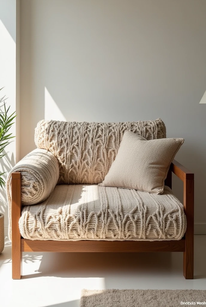 Create a comfortable sofa, with wood and upholstery made of knitting or crochet that resembles a grandmother's sofa a sofa that is also very modern Enlarge this image Leave the upholstery with a knitted or crocheted appearance and from the front Leave the meeting of the same color as the seat and show the full photo Perfect, now make all the upholstery look like it was knitted