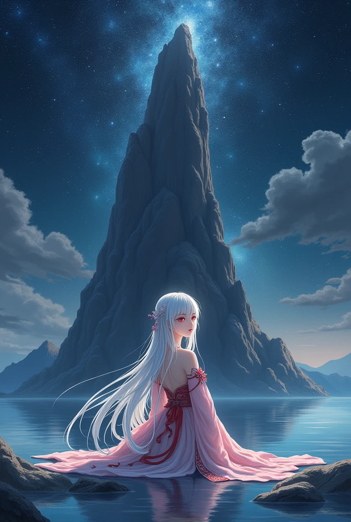 White haired woman with ruby red eyes, wearing Chinese style clothes,Sitting under a large rock on the edge of a lake with a dark sky filled with stars, anime art