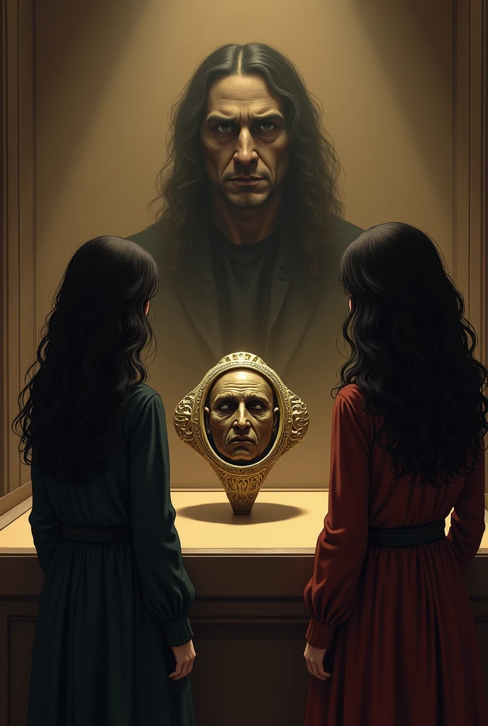 Gold ring (In its center a stone inside the stone a young, hairless male face in Roman style)
The ring is on a shelf in a museum. Two girls with black hair are watching it. One has more pronounced curls than the other. Behind one of the girls there is a macabre shadow..
The face inside the stone ring More sinister