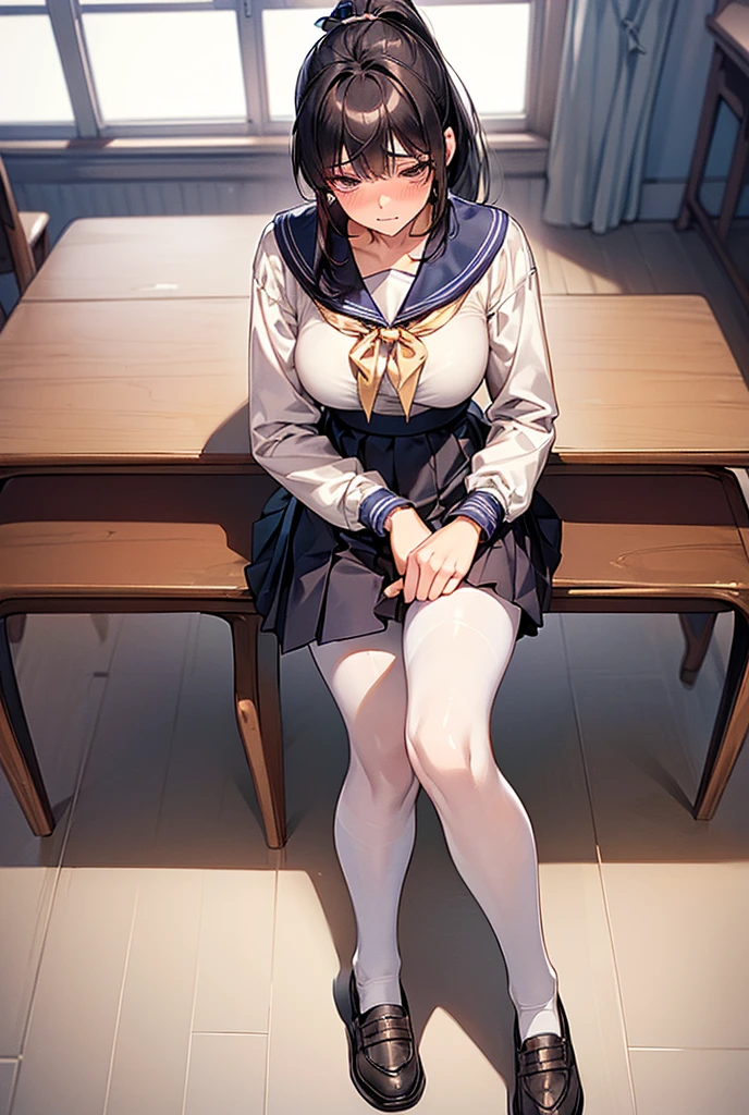 (((masterpiece, Highest quality, High resolution, 超High resolution, Pixel perfect, Written boundary depth, 4K, RTTX10.0))), Cute anime woman, Beautiful art style, Anime characters, ((Smooth texture, Realistic texture, Anime CG style)), Exact finger count、Exact number of legs、(Exact number of arms:1.0, Exact number of hands:1.0), (Perfect hands, Perfect Anatomy), Cinematic, Realistic, Highly detailed CG, Daytime lighting, Perfect lighting, Best Shadow, The best natural light, whole body, Perfectly balanced style, Perfectly balanced body, (Slender body:1.2), whole body, ((bangs, Black Hair, Cute ponytail)), ((A pretty woman is standing with her legs crossed, holding her skirt:1.3)), (Fashionable white shirt, White panties, Small ribbon in the center of the waist of the panties, Panties with lace trim, Sailor collar, Beige pantyhose, White socks,loafers, Navy pleated mini skirt:1.3), (Beautiful big boobs:1.1), ((Embarrassed expression:1.4), blush, (Sexual pleasure expression, Fun expression:1.4), (look up, mouth half open, Eyes half closed:1.1), Limits of patience), (In the school classroom:1.3), (Pussy juice:1.4), Angle from the front, remote_Vibrating shortcuts,