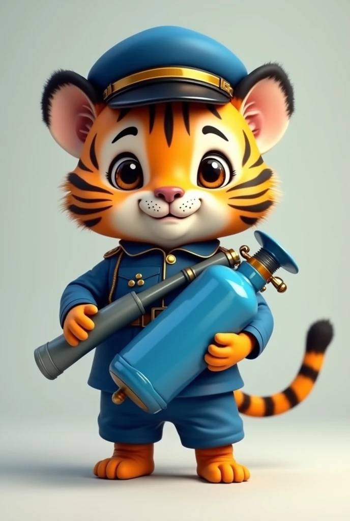 make a little tiger with a blue uniform with a blue hat and with a blue gas cylinder from the gas cylinder