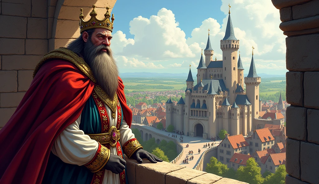 "A highly detailed illustration of a king standing on a castle balcony, with the crown on the head, looking with disdain at his kingdom. The king has a thick beard, flowing and is dressed in an elaborate royal costume, including a red fur-lined cloak and a jewel-encrusted crown. His lips are curved in a wry smile. The background includes a view of a medieval village with peasants below.."