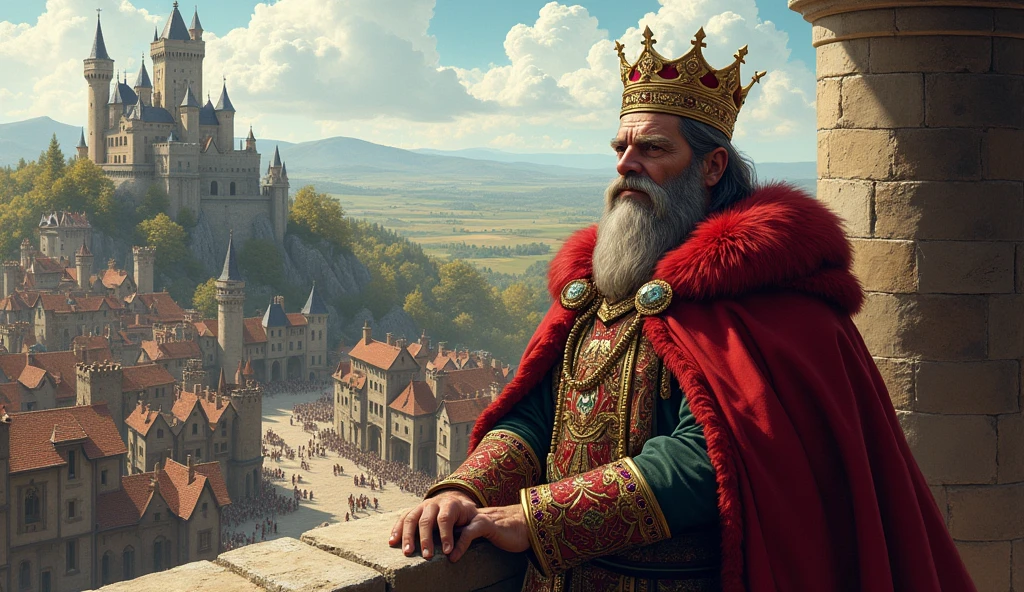 "A highly detailed illustration of a king standing on a castle balcony, with the crown on the head, looking with disdain at his kingdom. The king has a thick beard, flowing and is dressed in an elaborate royal costume, including a red fur-lined cloak and a jewel-encrusted crown. His lips are curved in a wry smile. The background includes a view of a medieval village with peasants below.."