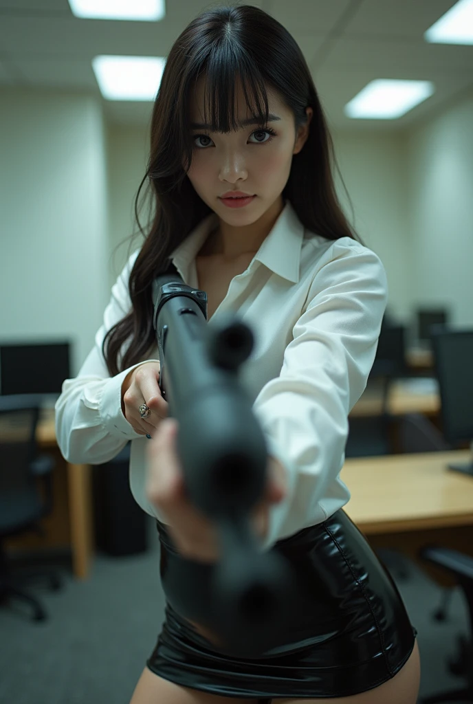 real beautiful sweet big eyes office lady japanese white shirt latex low mini skirt standing legs open wide spreading full portrait holding rifle gun pointing at you front facing aiming at you
