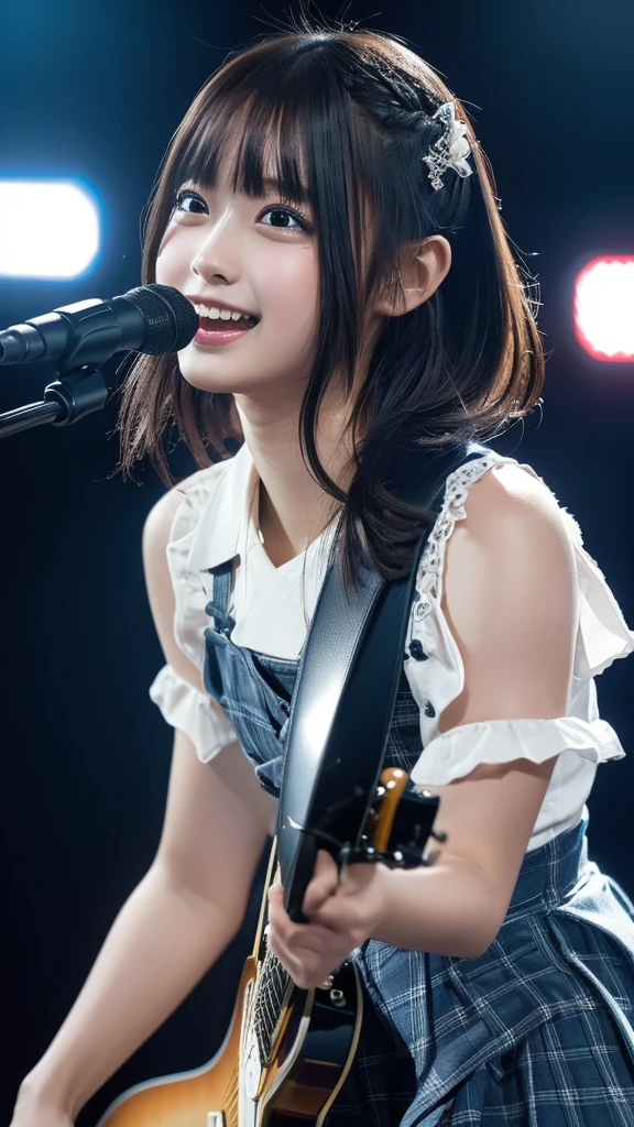 ((masterpiece, Highest quality, High resolution)), Japanese high school girl、(Realistic: 1.4), With a smile、Blushing、Open your mouth wide、Great face,Glossy lips、, ponytail、(Beautiful Hair:1.5),cute idol dress、Beautiful legs、A concert with a large audience、On Stage、While playing the electric guitar、Sing with a microphone、Gazing at the audience、Front angle, Smooth, Highly detailed CG composite 8K wallpaper, High resolutionのRAWカラー写真, Professional photography, Light, BackLight, impressive, Written boundary depth, (Face close-up:1.3)