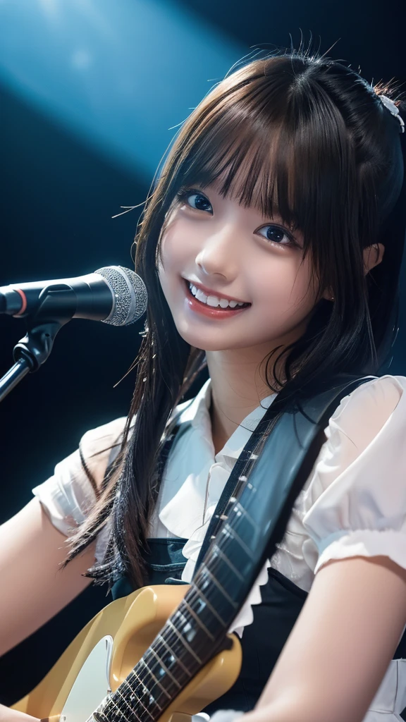((masterpiece, Highest quality, High resolution)), Japanese high school girl、(Realistic: 1.4), With a smile、Blushing、Open your mouth wide、Great face,Glossy lips、, ponytail、(Beautiful Hair:1.5),cute idol dress、Beautiful legs、A concert with a large audience、On Stage、While playing the electric guitar、Sing with a microphone、Gazing at the audience、Front angle, Smooth, Highly detailed CG composite 8K wallpaper, High resolutionのRAWカラー写真, Professional photography, Light, BackLight, impressive, Written boundary depth, (Face close-up:1.3)