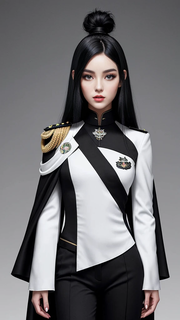 Taiwanese beauty with adult charm。Black hair medium。The shoulder emblems on both shoulders have different designs on the left and right shoulders.。The black military uniform is long-sleeved and long-pants, and the front of the white cape is asymmetrical.。