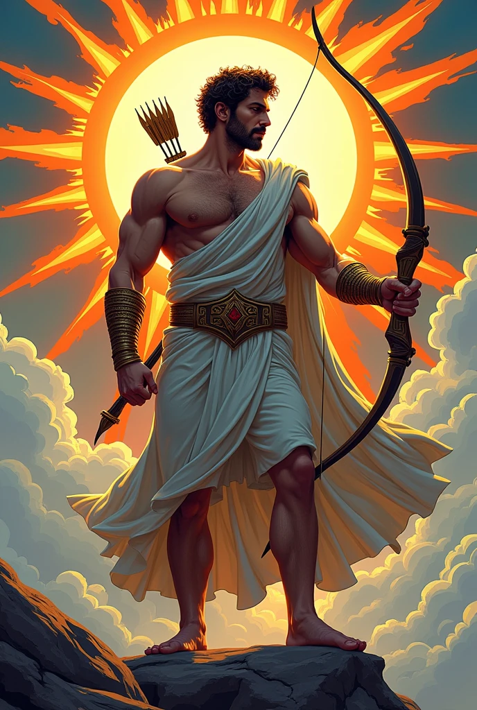 Apollo god of the sun holding a bow and arrow and a lyre. Make his face a little fierce. Sticker style. 