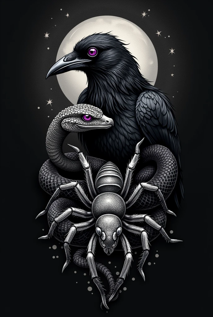 small tattoo of a crow, a snake and tarantula, Black with grey details, Heterochromatic gray eyes with purple half, without details and they look good together