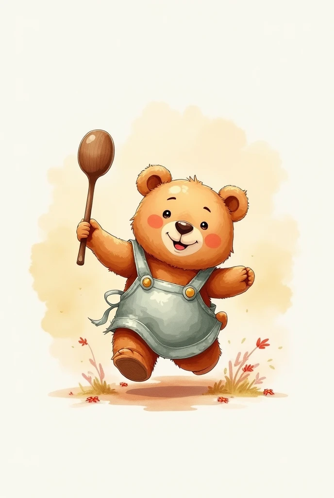 Light watercolor、A cute bear wearing an apron and holding a ladle, running with a smile