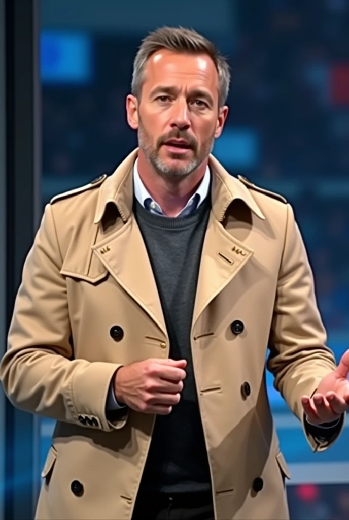Football presenter in beige trench coat 