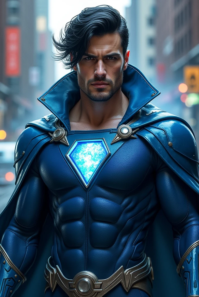 I want you to create a male character with metal control powers, modeled on Marvel's Magneto. He has black hair and black eyes, wearing a blue superhero costume with a hood like DC's Shazam.